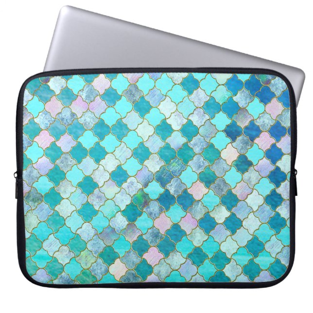 Aqua Teal Gold Oriental Moroccan Tile pattern Laptop Sleeve (Front)