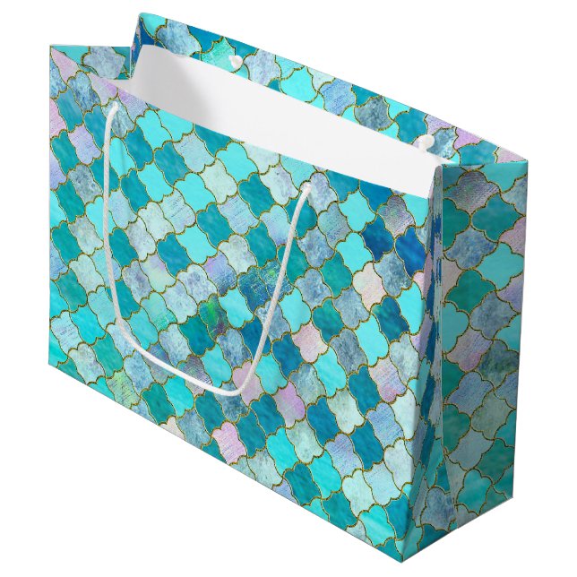 Aqua Teal Gold Oriental Moroccan Tile pattern Large Gift Bag (Front Angled)