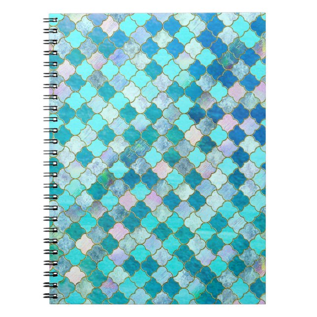 Aqua Teal Gold Oriental Moroccan Tile pattern Notebook (Front)