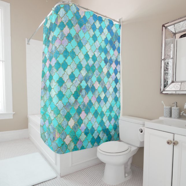 Aqua Teal Gold Oriental Moroccan Tile pattern Shower Curtain (In Situ)