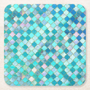 Aqua Teal Gold Oriental Moroccan Tile pattern Square Paper Coaster