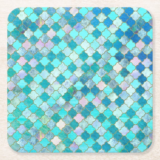 Aqua Teal Gold Oriental Moroccan Tile pattern Square Paper Coaster (Front)