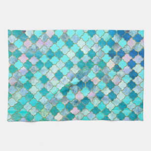Aqua Teal Gold Oriental Moroccan Tile pattern Tea Towel