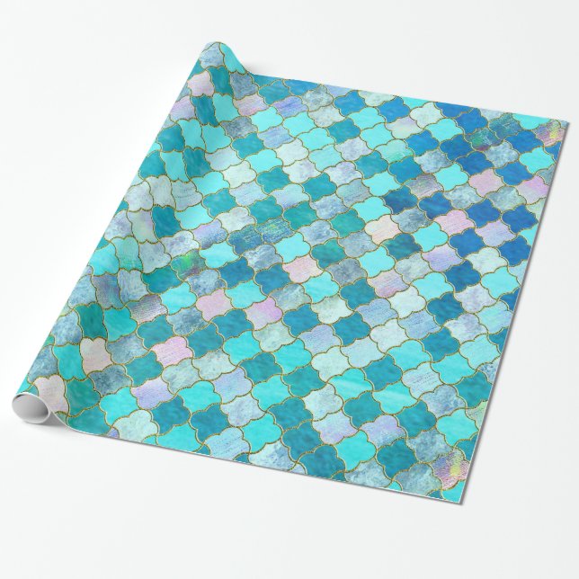Aqua Teal Gold Oriental Moroccan Tile pattern Wrapping Paper (Unrolled)