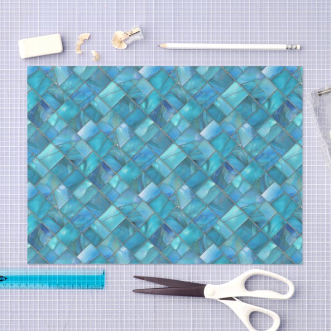 Aqua Teal Gold Watercolor Mosaic Sea Glass  Tissue Paper (Craft)