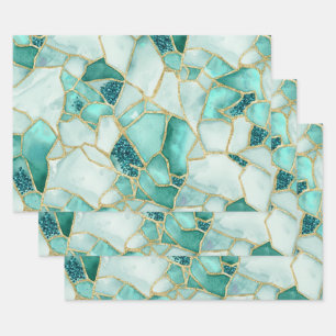 Aqua Teal Gold Watercolor Sea Glass Mosaic Pattern Wrapping Paper Sheet