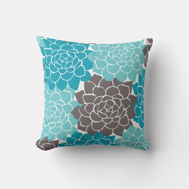 Aqua Teal Graphite Grey Flower Collage Plaid Back Cushion (Front)