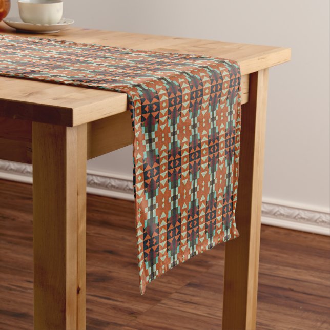 Aqua Teal Green Orange Taupe Beige Tribal Art Long Table Runner (In Situ)
