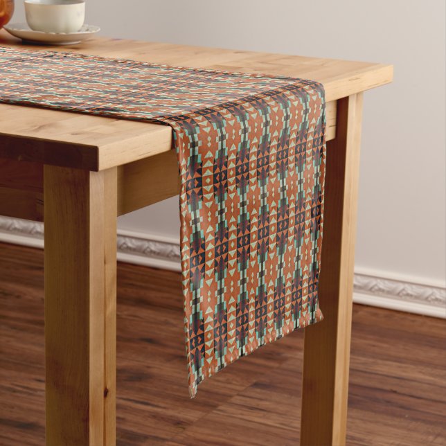 Aqua Teal Green Orange Taupe Beige Tribal Art Short Table Runner (In Situ)