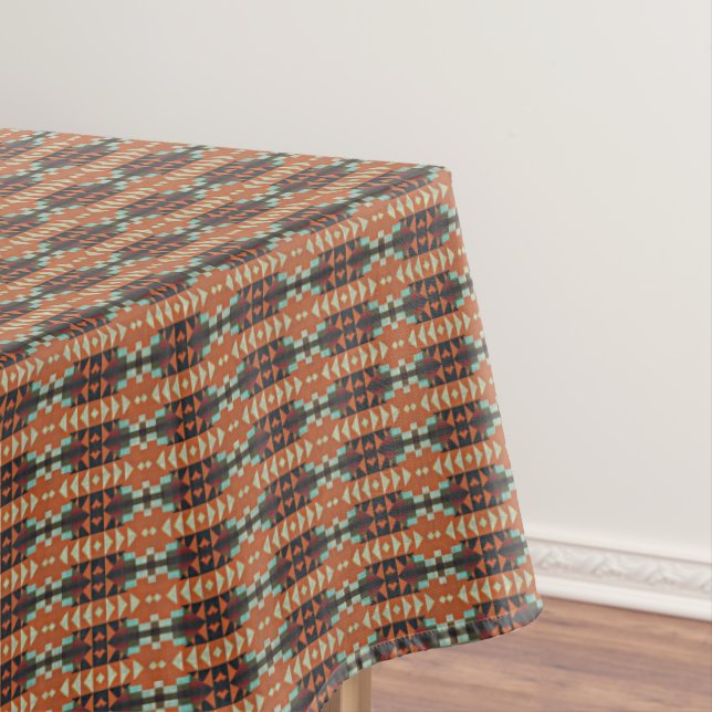 Aqua Teal Green Orange Taupe Beige Tribal Art Tablecloth (In Situ)
