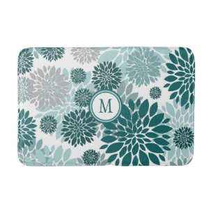 Aqua Teal Grey Flower Graphic Pattern Bath Mat