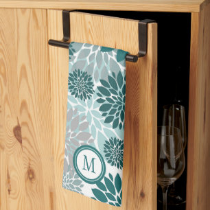 Aqua Teal Grey Flower Pattern Monogram Tea Towel