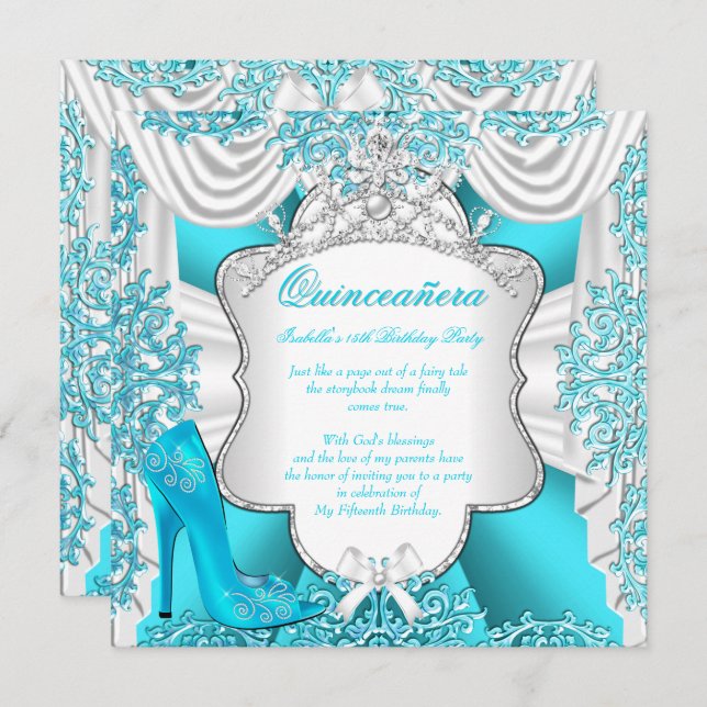 Aqua Teal High Heels Princess Quinceanera 15th Invitation (Front/Back)