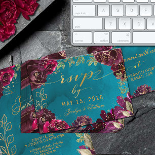 Aqua Teal Merlot Jewel Tone Gold RSVP Online Card