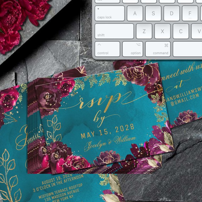 Aqua Teal Merlot Jewel Tone Gold RSVP Online Card (Aqua Teal Merlot Gold Jewel Tone Wedding Online RSVP Card)