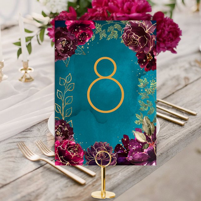 Aqua Teal Merlot Jewel Tone Gold Table Number (Aqua Teal Merlot Gold Jewel Tone Wedding Table Number Card)