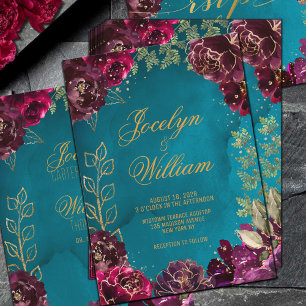Aqua Teal Merlot Jewel Tone Gold Wedding  Invitation