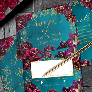 Aqua Teal Merlot Jewel Tone Gold Wedding RSVP