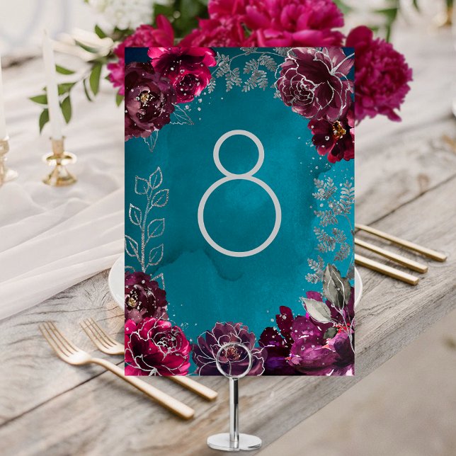 Aqua Teal Merlot Jewel Tone Wedding Table Number (Aqua Teal Merlot Jewel Tone Silver Wedding Table Number Card)