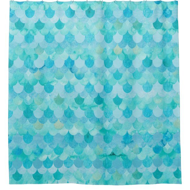 Aqua Teal Mermaid Scales Fish Scales Pattern Shower Curtain (Front)