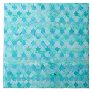 Aqua Teal Mermaid Scales Fish Scales Pattern Tile
