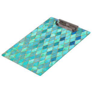 Aqua Teal Mint Gold Oriental Moroccan Tile pattern Clipboard