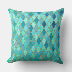 Aqua Teal Mint Gold Oriental Moroccan Tile pattern Cushion