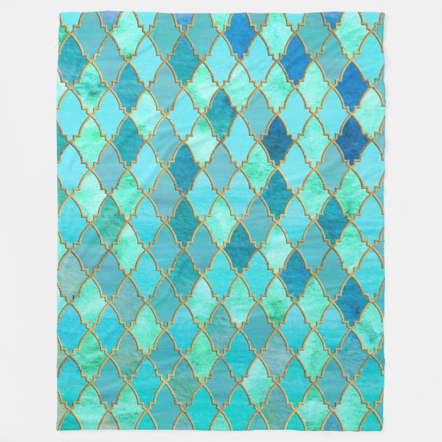 Aqua Teal Mint Gold Oriental Moroccan Tile pattern Fleece Blanket (Front)