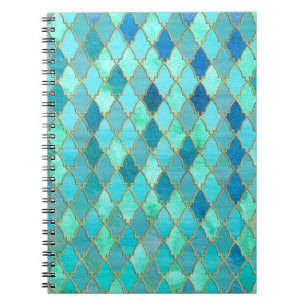 Aqua Teal Mint Gold Oriental Moroccan Tile pattern Notebook