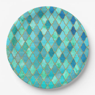 Aqua Teal Mint Gold Oriental Moroccan Tile pattern Paper Plate