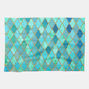 Aqua Teal Mint Gold Oriental Moroccan Tile pattern Tea Towel