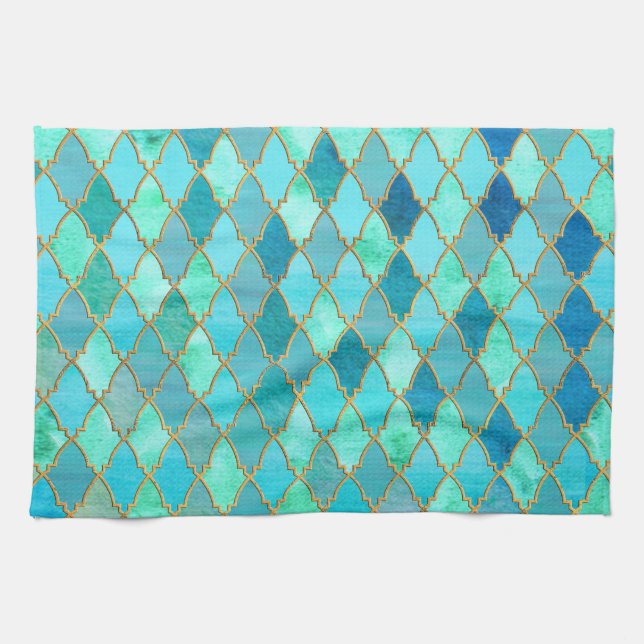 Aqua Teal Mint Gold Oriental Moroccan Tile pattern Tea Towel (Horizontal)