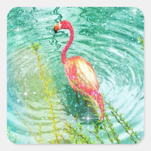 aqua teal pink flamingo glitter florida square sticker
