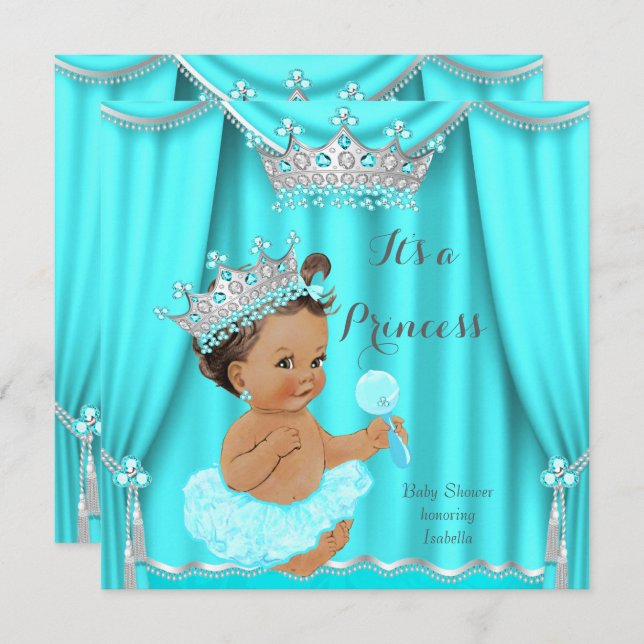 Aqua Teal Princess Baby Shower Silver Brunette Invitation (Front/Back)