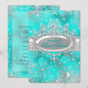 Aqua Teal Princess Winter Wonderland Sweet 16 Invitation