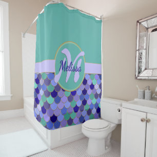 Aqua Teal & Purple Monogram + Name Mermaid Scales Shower Curtain