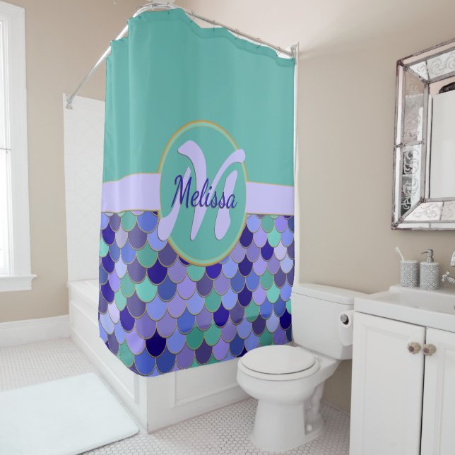 Aqua Teal & Purple Monogram + Name Mermaid Scales Shower Curtain (In Situ)