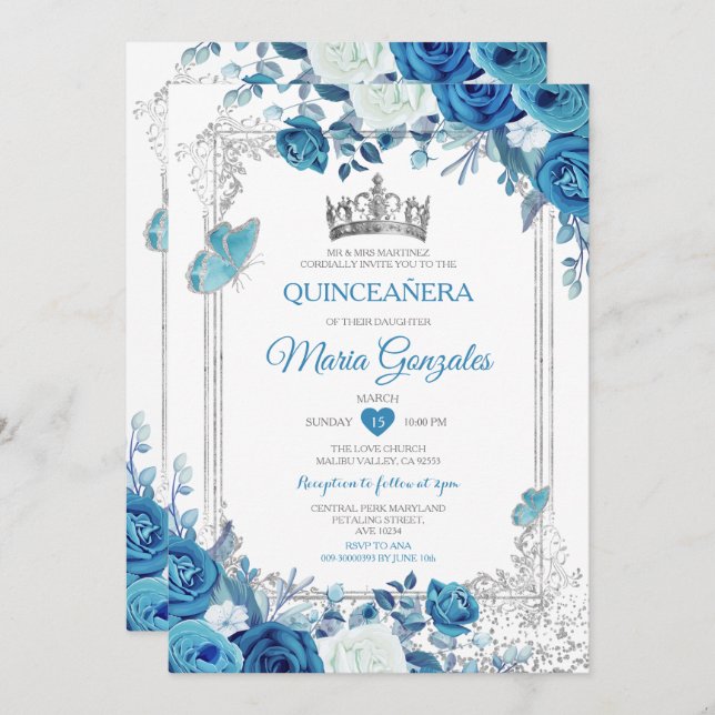 Aqua Teal Quinceañera Silver Crown 15 Anos Invitation (Front/Back)