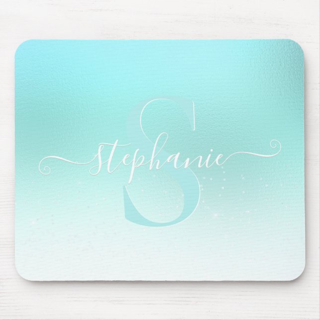 Aqua Teal Shimmer Sparkle Girly Monogram Mouse Pad (Front)