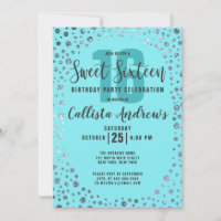 Aqua Teal Silver Glitter Confetti Border Sweet 16