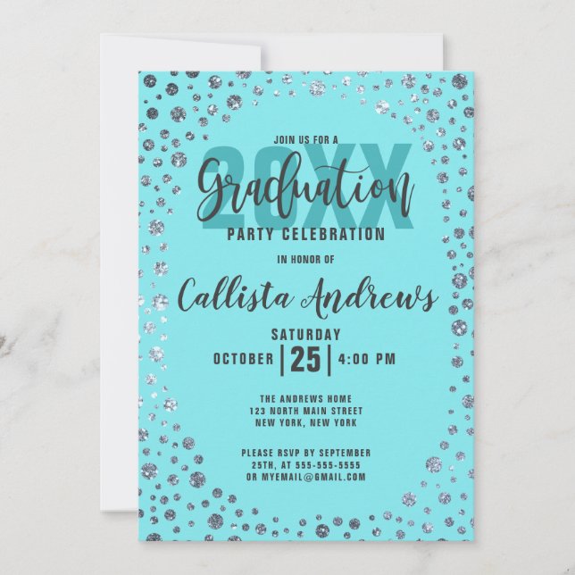 Aqua Teal Silver Glitter Confetti Graduation Invitation (Front)