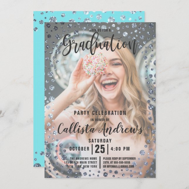 Aqua Teal Silver Glitter Confetti Photo Graduation Invitation (Front/Back)
