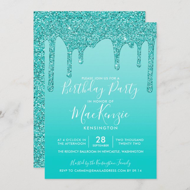 Aqua Teal Sparkle Glitter Drips Any Year Birthday Invitation (Front/Back)