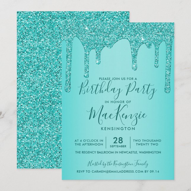 Aqua Teal Sparkle Glitter Drips Any Year Birthday Invitation (Front/Back)