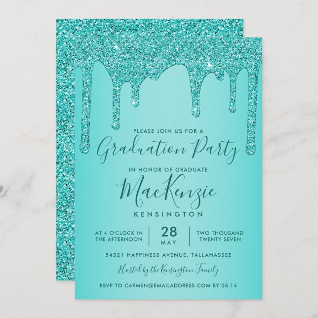 Aqua Teal Sparkle Glitter Drips Graduation Party Invitation (Front/Back)