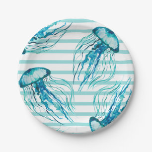 Aqua Teal Stripes Watercolor Jellyfish Paper Plate