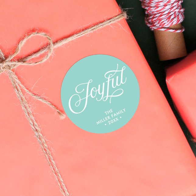 Aqua Teal Stylish Cursive Joyful Holiday Classic Round Sticker (Creator Uploaded)