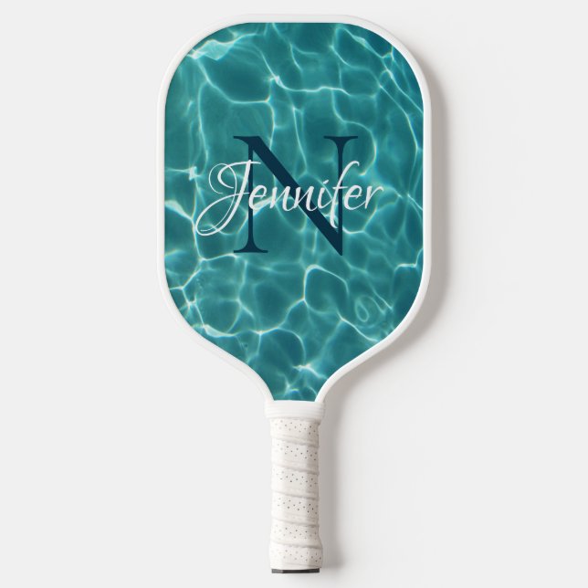 Aqua Teal Swimming Pool Monogrammed Pickleball Paddle (Front)