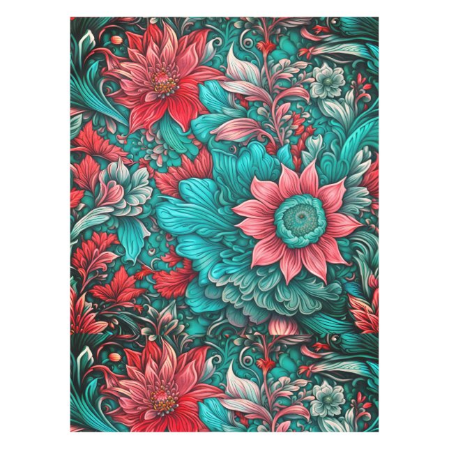  Aqua, Teal, Turquoise and Grey Floral Pattern Tablecloth (Front)