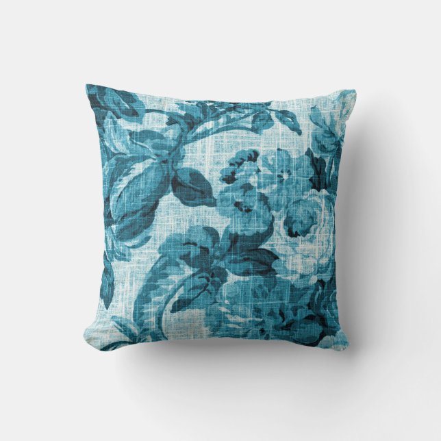 Aqua Teal Turquoise Blue Floral Toile Fabric No.5 Cushion (Front)